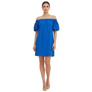 Zara Off Shoulder Eyelet Mini Dress Blue Puff Sleeve XS